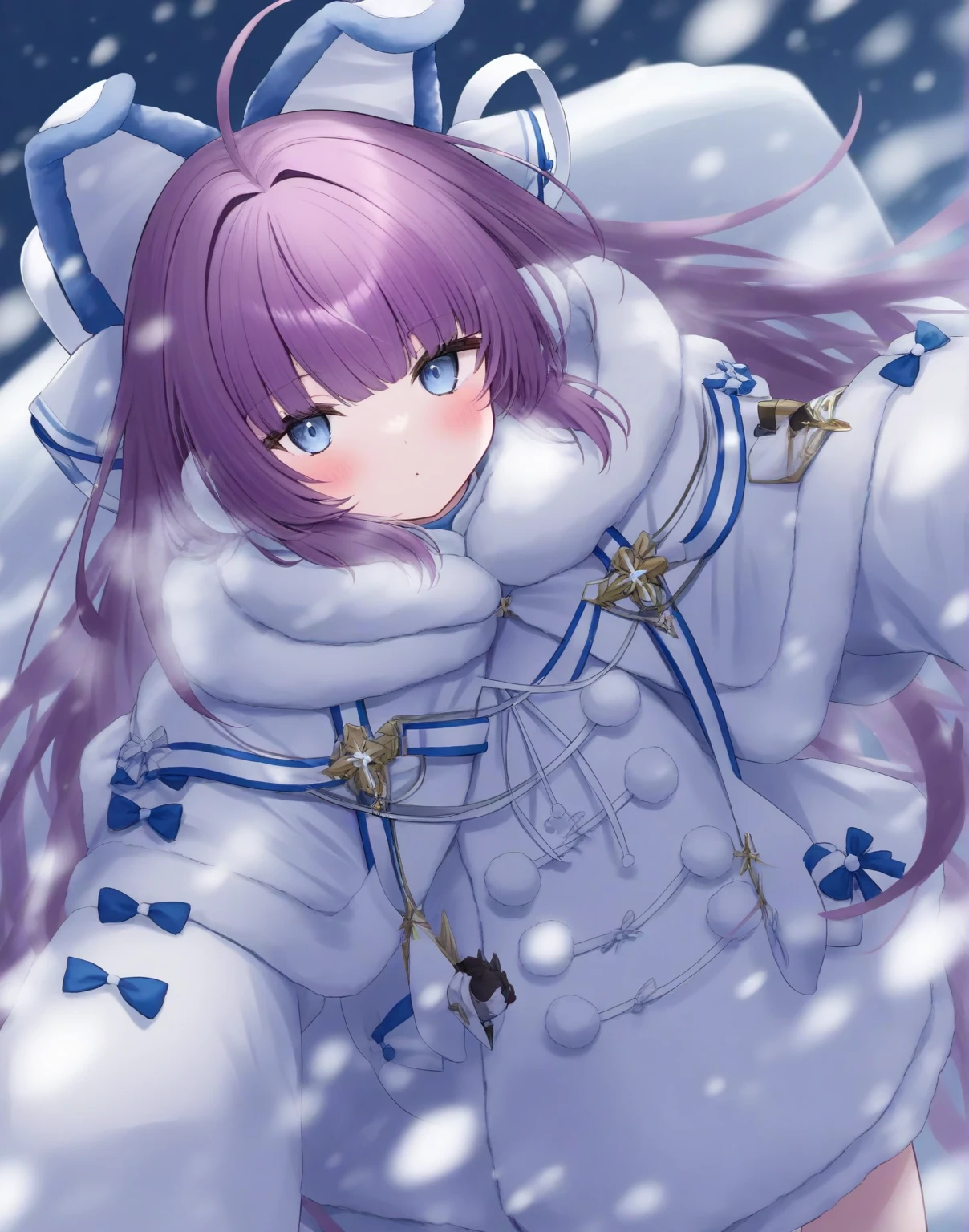 <lora:tashkent_xl_v1.1-000010:1>,tashkent,6 year old,purple hair,blue eyes,
brown sweater,white coat,fur trim,winter clothes,thigh boots,sleeves past fingers,hair ornament,fake animal ears,
snow,