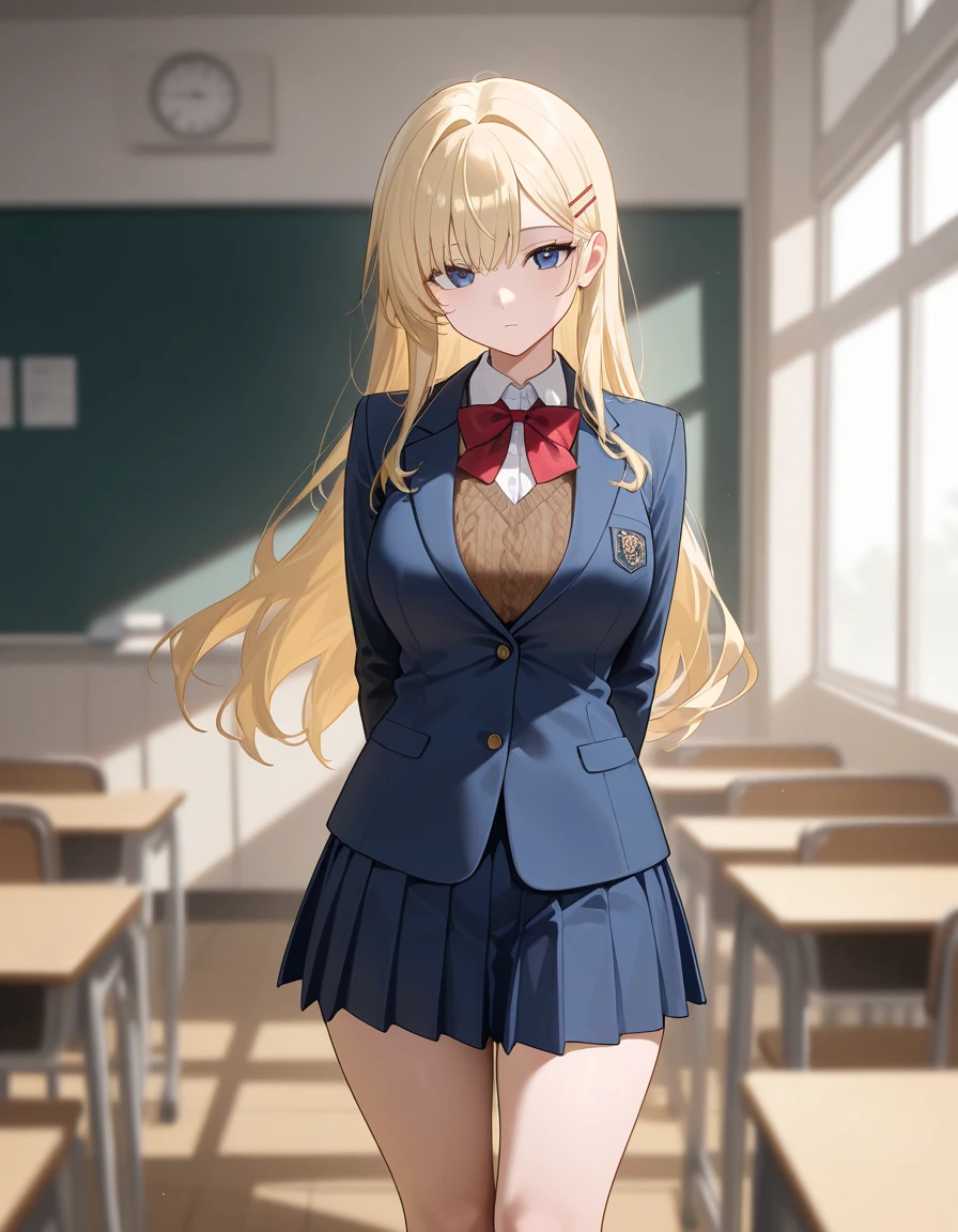 masterpiece, best quality, 1girl, blonde hair, purple eyes, gyaru, pale skin, school uniform, , cleavage, (black bra:0.4), plaid skirt, black choker, pink fingernails, earrings, bracelet, light smile, hands on hip