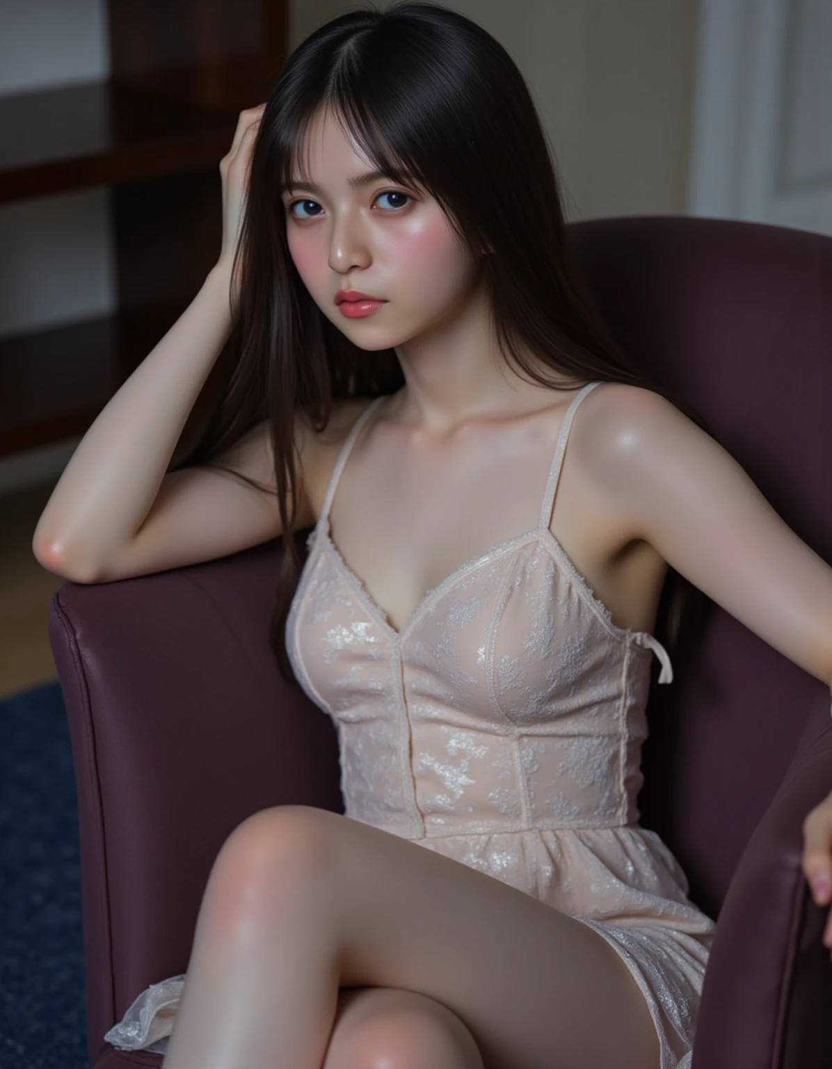 Highest quality, (beautiful)、Cabaret Club、See-through dress、Sit on the sofa、Close-up、Soft 、Shoot from above、Put your hands inside your clothes
