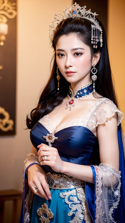  ((Close up shot, focus face )), stand on garden, looking at viewer, Chinese, 30 years-old, One of the three most beautiful women in the Chinese, A beauty known all over the world, (light Black hair, beautiful lip, smile, earring ), (big breasts, slender whist, wide hip ) ,(Silk Chinese clothing ,background wear color is Royal blue, Royal clothing, Chinese shoes ), in Chinese haven, (masterpiece, highest quality, High resolution, Photo realistic, sharp, RAW Photos, 8k wallpaper, perfection, Professional Lighting, Very detailed)

