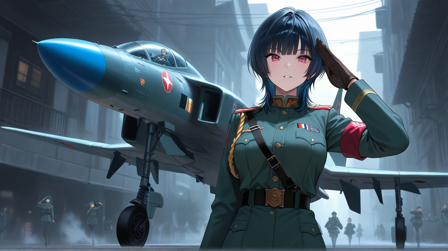 Modest outfit, remote shot, detailed beautiful delicate face, detailed beautiful delicate eyes, perfect facial proportions, high-definition skin, fine skin, four-inch best ratio. With one thumb, a masterpiece, highly detailed, realistic, (World War II German general uniform reference : 1.8), the highest face resolution, adult, modestly dressed woman, dressed entirely, ( small, black hair, black straight bangs, super fine braids, straight bangs, red glasses, dark green eyes), future, science fiction, fighter plane, standing On the landing of a fighter plane, the government agency, a deep intelligent personality, a calm expression, a respectful face, a war, a fighter plane
