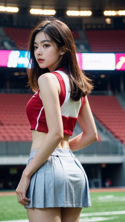 closeup Portraiture, Redhead, Wearing a red uniform, Long Fang Blue Skirt, Denim trousers, Young Face, skinny, Face the viewer, Tilt your head, One girl, Portraiture, Medium chest, View Viewer, transformation, Adorable, , skinny, Side view, View Viewer, Round face, 18-year-old, The cutest girl in the world,Football Stadium,