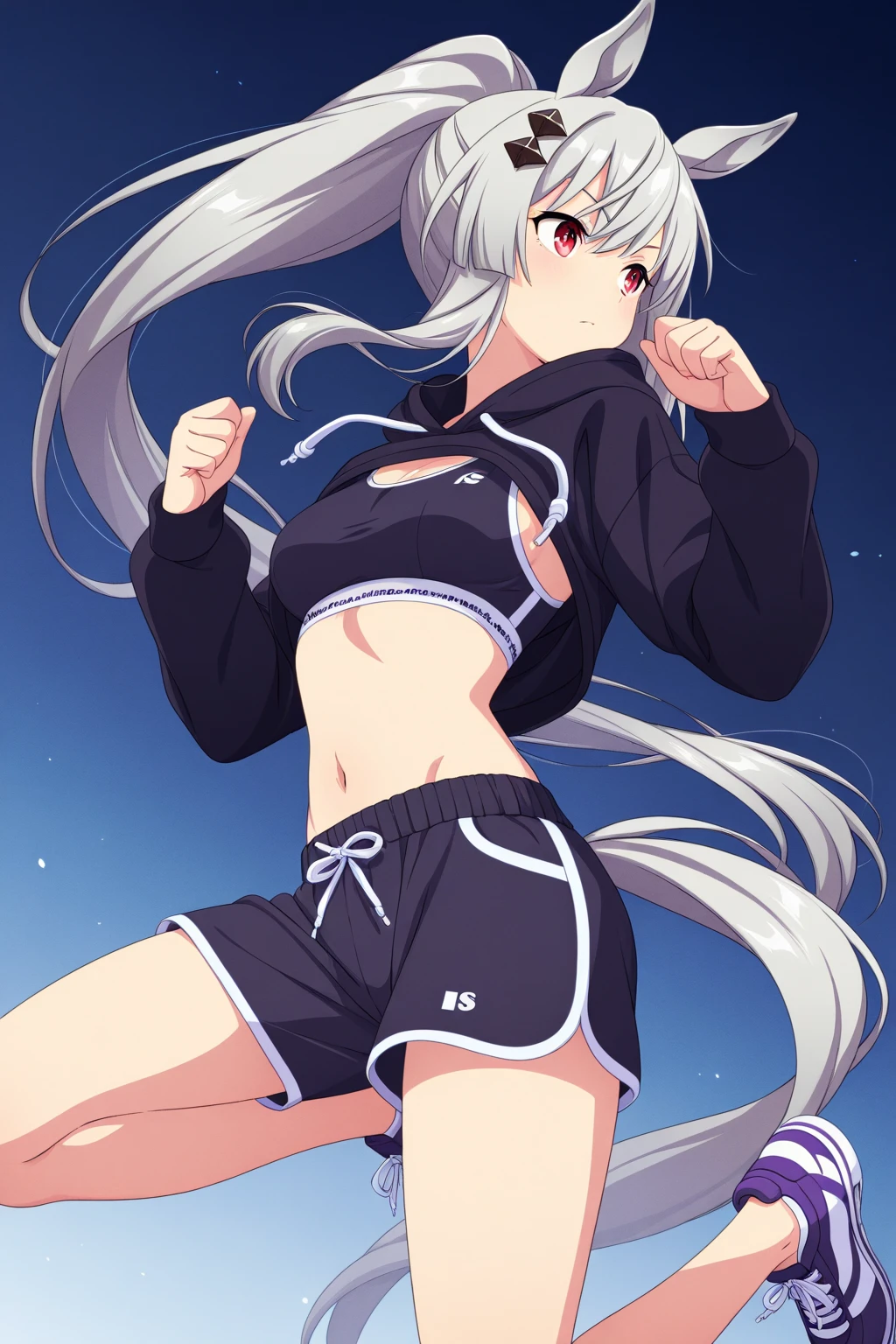 a very obvious zombie with straight and slender legs. Wearing a white T-shirt, hot pants, and a ponytail. 