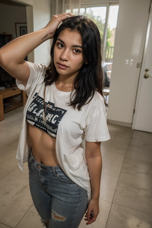 Mejor calidad, Ame-chan, obra maestra, 1 chica, Solo, small breasts, tiro de vaquero, tirantes, Camisas rojas, lazo negro