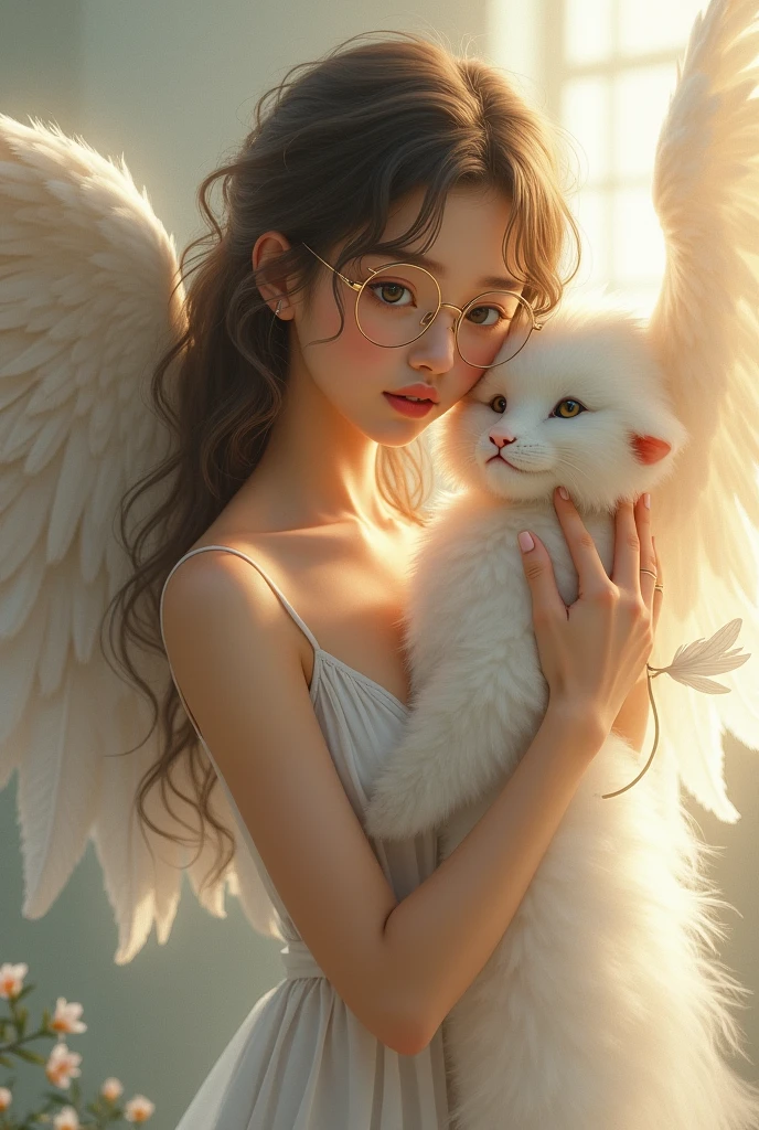 Angel and Cat、(8K、hightquality、Crystal clear to the touch、Like the photo、The feel of real human skin、odd eye、beautiful plumage、onepiece、
