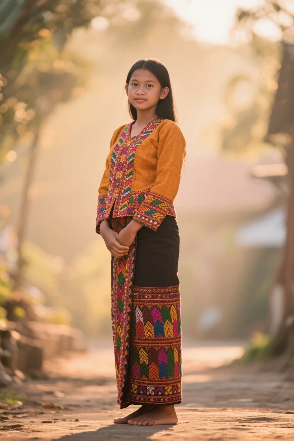 Seorang laki laki umur 31 tahun memakai baju batik, seorang perempuan umur 30 tahun memakai baju batik, seorang anak perempuan umur 11 tahun memakai baju batik, seorang anak laki laki umur 6 bulan memakai baju batik duduk d tempat wisata, foto asli