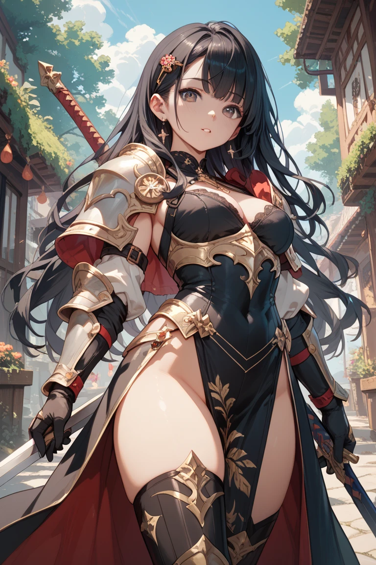 ((best quality)), ((masterpiece)), (detailed), 1 girl, anime girl,Adventure group, swordsman, long legs, long hair, fair skin, mysterious, black stockings, big sword, heroic appearance, red or white armor