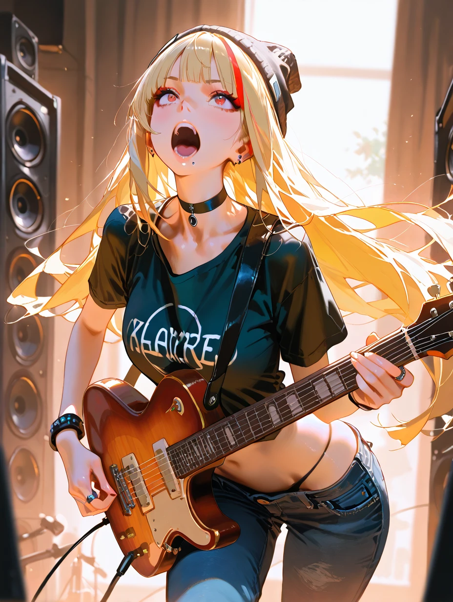 masterpiece, ultra-HD, impressionism, high detail, best quality, very aesthetic, 8k, best quality, sharp focus, depth of field,
hyper realistic, vibrant colors, film grain.
1woman, looking away, screaming, wide open mouth.
blonde blunt_bangs, red streaked long_hair, eyeshadow, lowleg, large chest, gothic_punk attire, beanie loose, oversized_t-shirt, choker, lip_piercing, rings, excessive bracelet, loose denim_pants, tattoo_arm, holding instrument, leaning forward, thong, too many speakers background, bent back. dynamic composition, dynamic angle, dynamic lighting.