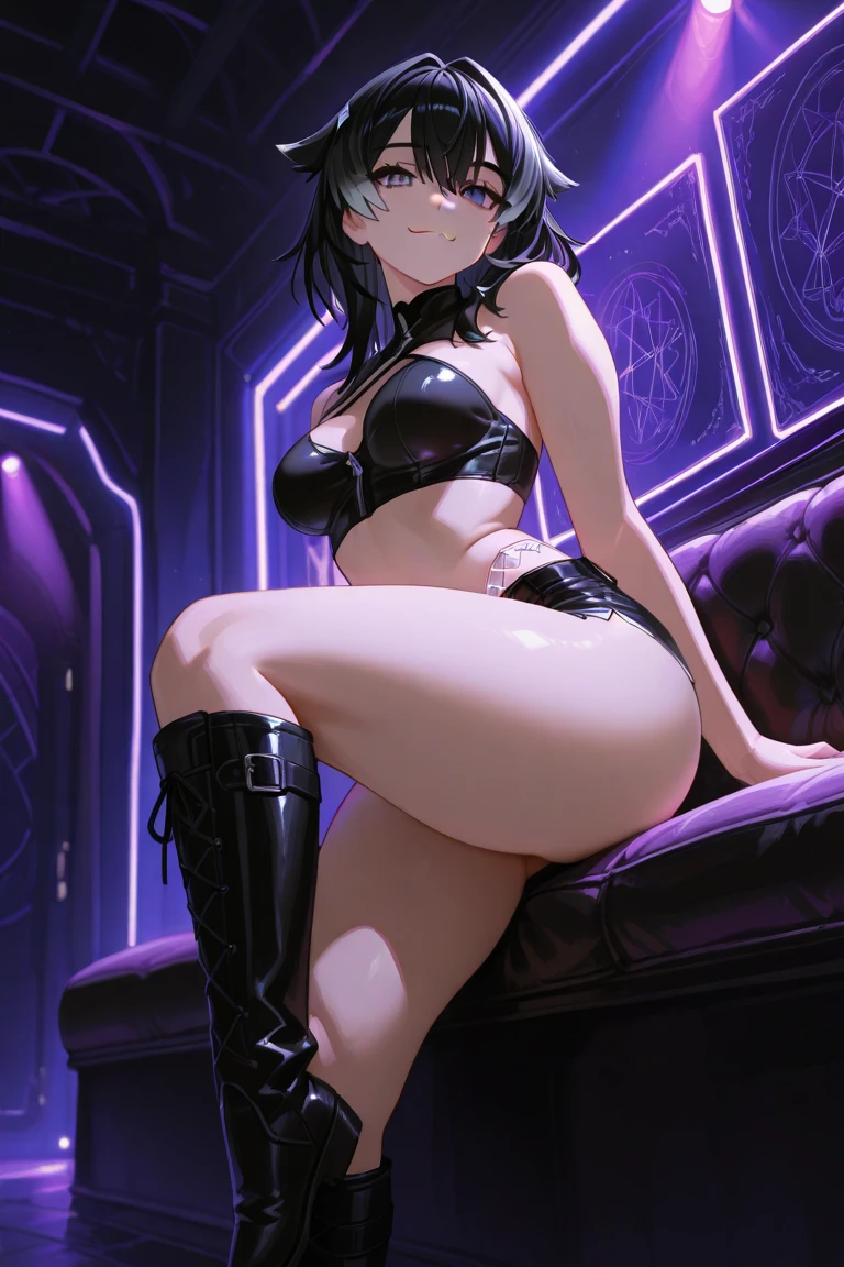 From below, Sitting, feet up, Black Knee High Socks, thighs thighs thighs thighs, High image, Super Detail, High resolution, Anime, Manga, Illustration, Intelligent beauty, Laugh mischievously, Happy, Shy, make up, Ecstatic expression, Amorous expression, Seductive look, Flowing layered Messy White Gloss Medium Short Wavy Hair, Glowing blue big eyes, Seductive moist red lips, Large breasts, under the boobs, sideboob barbosa, great proportion, perfectly proportions, slender, Full body, on the bed