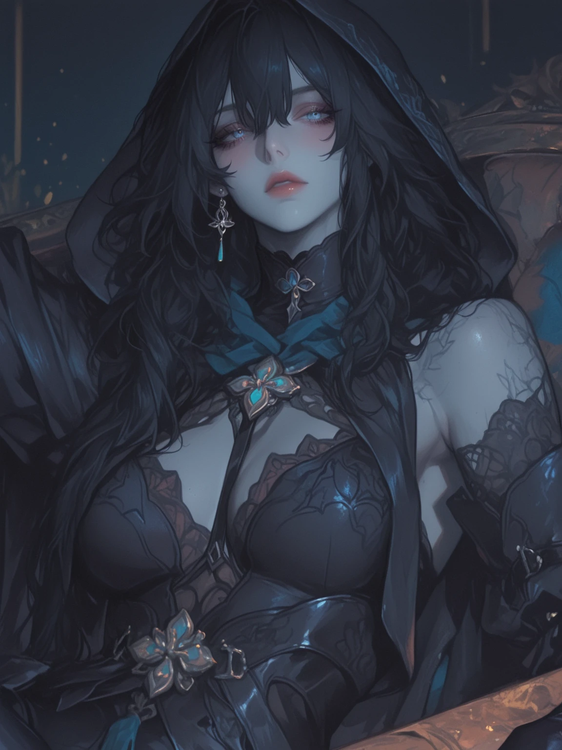 ruined city, grim reaper, black scythe, robe, absurdres, RAW photo, extremely delicate and beautiful, masterpiece, Best Quality, ultra high resolution, 32k, hyperrealistic, ultra-detailed, detailed description, pale skin, 20 years old, tearful mole, earring, short medium hair, wavy hair, whole body shot,
