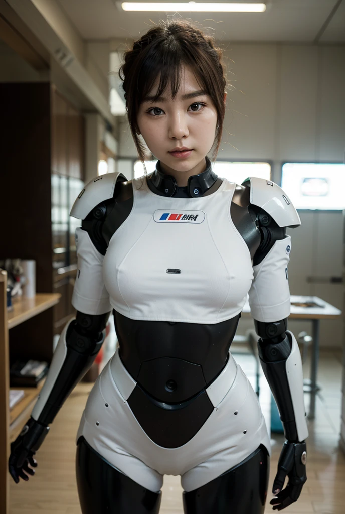 masterpiece, best quality, extremely detailed, Japaese android girl,portrait,Plump,a bit chubby,control panels,android,Droid,Mechanical Hand, Robot arms and legs, Black hair,Blunt bangs,perfect robot girl,long tube,thick cable connected her neck,android,robot,humanoid,cyborg,japanese cyborg girl ,robot-assembly plant,She is assembling now,assembly scene,camera eyes,chest monitor