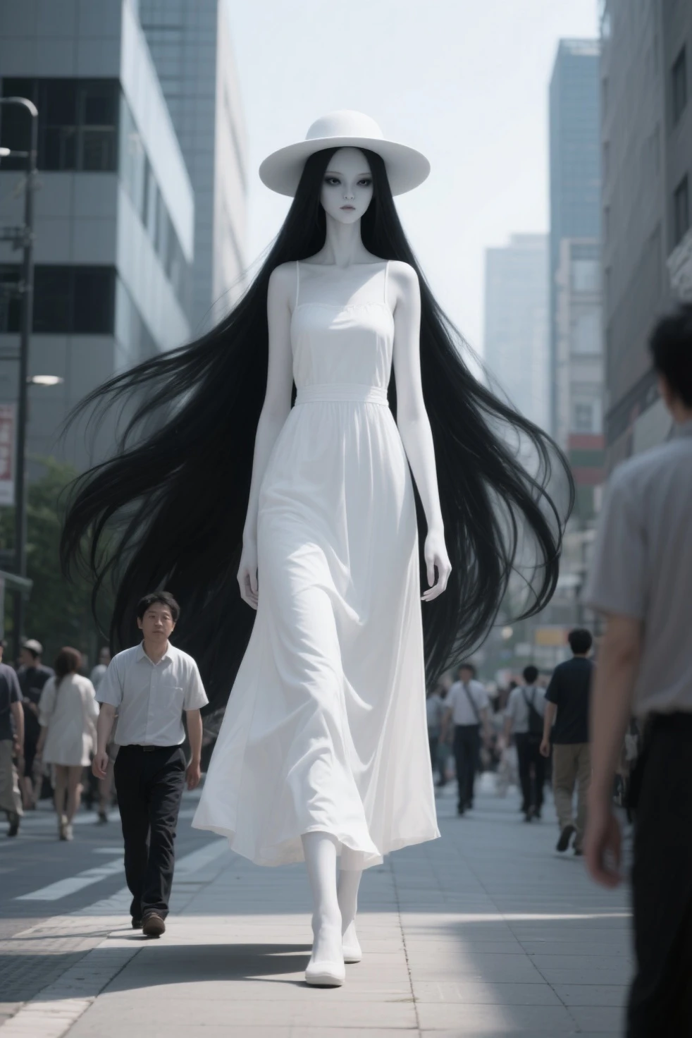 A striking, full body shot of hyperrealistic a female youkai named Hachishakusama. Her height is 8 meters tall, she is extremely super tand lean all compared to men who walks next to her. Her eyes, if visible, are deep-set and unnervingly calm, perhaps a shade of dark, unfathomable black or a pale, almost colorless hue. Her skin is unnaturally pale white, smooth as porcelain, contrasting with her impossibly long, jet-black hair that seems to possess a life of its own, flowing around her. She is walking on the sidewalk among the peoples, her height feels like dwarven the peoples. She wea a long white summer dress and white round summer hat, she has eerie appearance but beautiful, The lighting is soft but directional, casting subtle shadows that hint at her immense scale. The overall mood is one of quiet dread and unsettling beauty. Subtle details: a faint shimmer on her skin, the suggestion of something hidden within the depth of her hair, the crisp lines of modern architecture in the blurred background.

