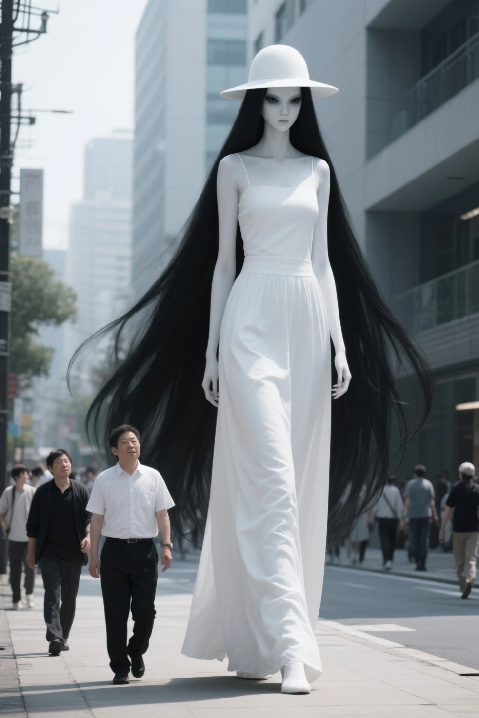 A striking, full body shot of hyperrealistic a female youkai named Hachishakusama. Her height is 8 meters tall, she is extremely super tand lean all compared to men who walks next to her. Her eyes, if visible, are deep-set and unnervingly calm, perhaps a shade of dark, unfathomable black or a pale, almost colorless hue. Her skin is unnaturally pale white, smooth as porcelain, contrasting with her impossibly long, jet-black hair that seems to possess a life of its own, flowing around her. She is walking on the sidewalk among the peoples, her height feels like dwarven the peoples. She wea a long white summer dress and white round summer hat, she has eerie appearance but beautiful, The lighting is soft but directional, casting subtle shadows that hint at her immense scale. The overall mood is one of quiet dread and unsettling beauty. Subtle details: a faint shimmer on her skin, the suggestion of something hidden within the depth of her hair, the crisp lines of modern architecture in the blurred background.

