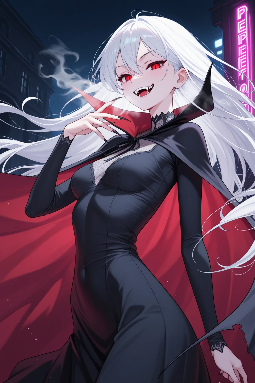One woman, vampire, sexy, mid breasts, long_straight_black_hair, standing, red_dress, V_neckline, longsleeved, NSFW