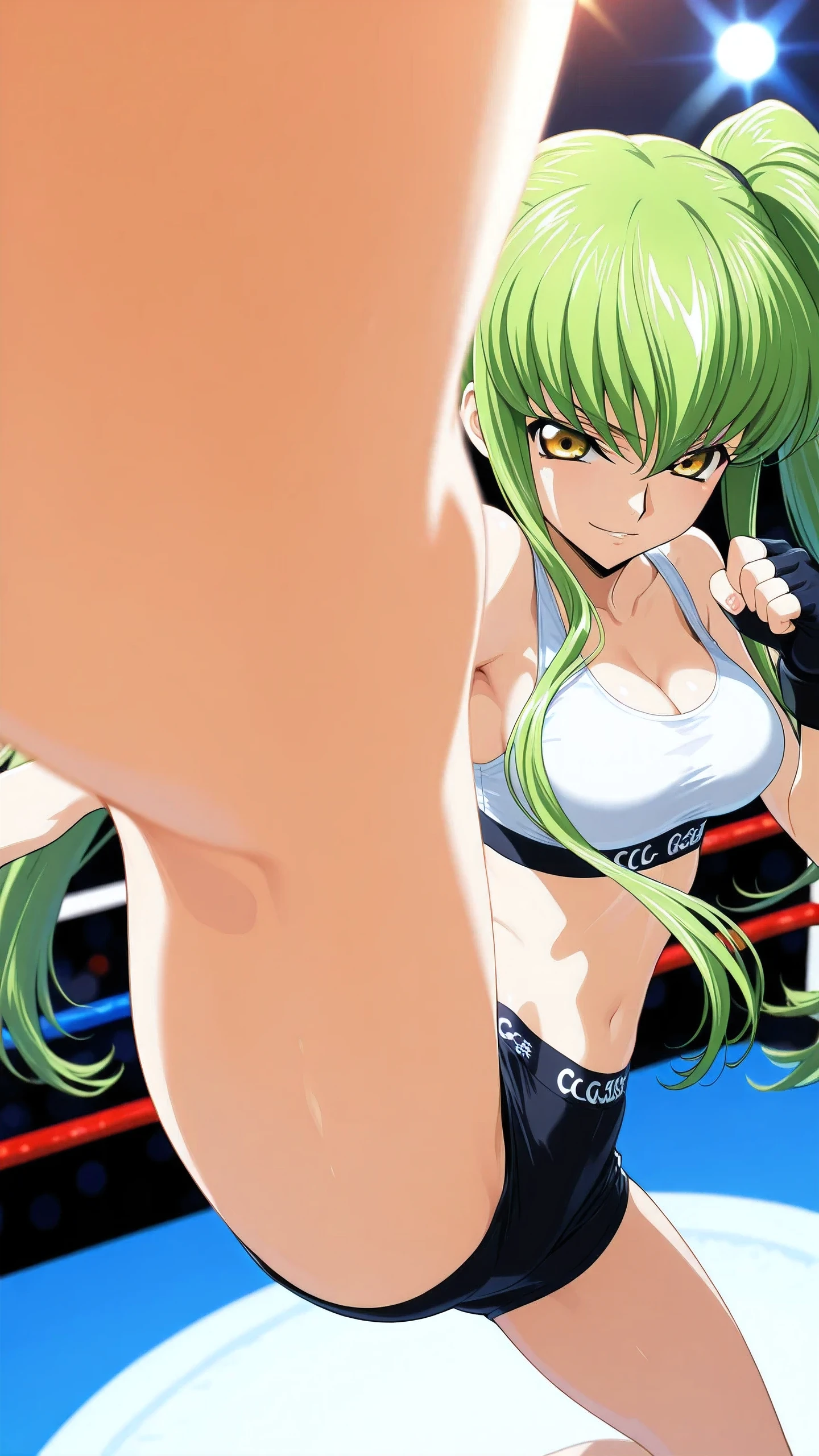 C.C., Code Geass, gold eyes, twintail hair, solo, Detailed eyes, white sports bra, black boy leg underwear, black fingerless gloves, thigh, cleavage, medium breast, smirk, looking up at viewer, Detailed eyes, Detailed face, medium shot, from above, face focus.
kicking, kicking at viewer.
indoor boxing ring, spectator seats, spot lights, depth of field, artistic lighting, professional lighting, best quality, masterpiece, 32K.