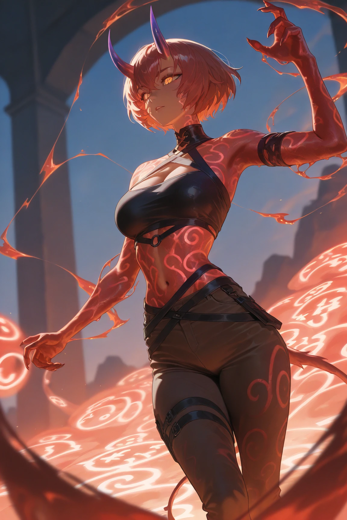 ((full body):1.5), Only Princess Zelda/Demon, is wearing white costume with black parts, extremely tight body, she has extremely big breasts, she has ((very short hair, pink, blue eyes):1.2), she's looking at the viewer, she's smiling, doing erotic poses, ((background: she's in a volcano with molten lava pouring down the walls):1.5), anime, 16k, high quality, high details, UHD, masterpiece,perfecteyes,