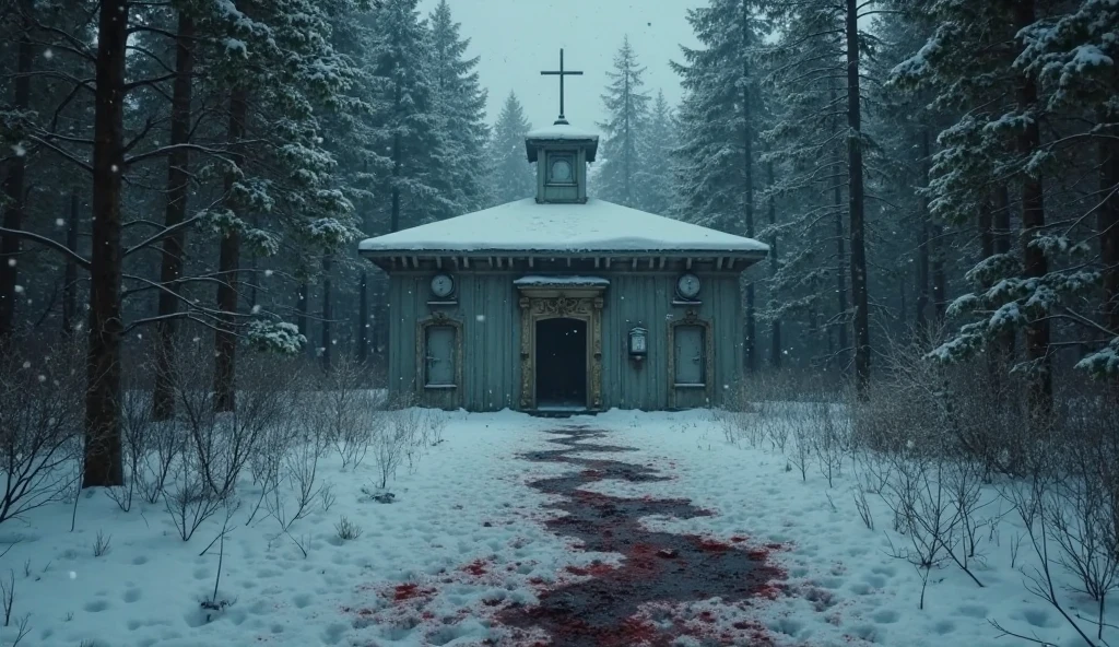 A red tent with a royal coat of arms in the middle of red snow wet with blood