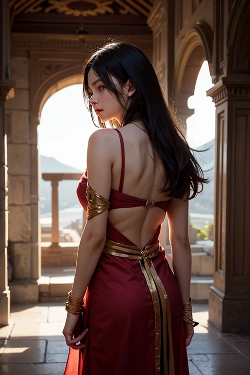 Very detailed, High resolution, Perfect dynamic composition, Beautiful attention to detail, Showing cleavage, Beautiful breasts, Ancient world, Flushed face, Dynamic pose, Natural Lip, Seductive udder, Off shoulder, Anime girl, Waist cape, Flare skirt, Fantastic illumination, Underboob, Pampering gesture, Terrifying sky, Unknown language, Love face, Dancing in the Wind, high detail, masterpiece, accurate, anatomically correct, super detail, high quality, highres, award winning, UHD, 8k, The optimal ratio is four fingers to one thumb, Half naked, Gravure idol, Big Breasts, A mysterious place, A mysterious sky, Flushed face,