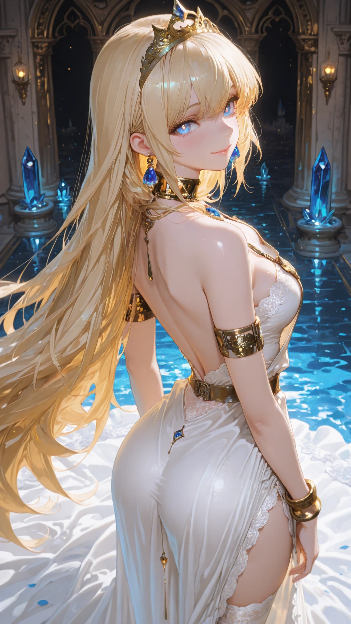 Masterpiece, best quality, highly detailed, highres, 8K, natural lighting, 1 girl, blonde hair, ruby eyes, large breast, she wet, sexy pose, camera from under, outdoor, (Full body shot:1.1), detailed finger shape, the number of fingers is not excessive
