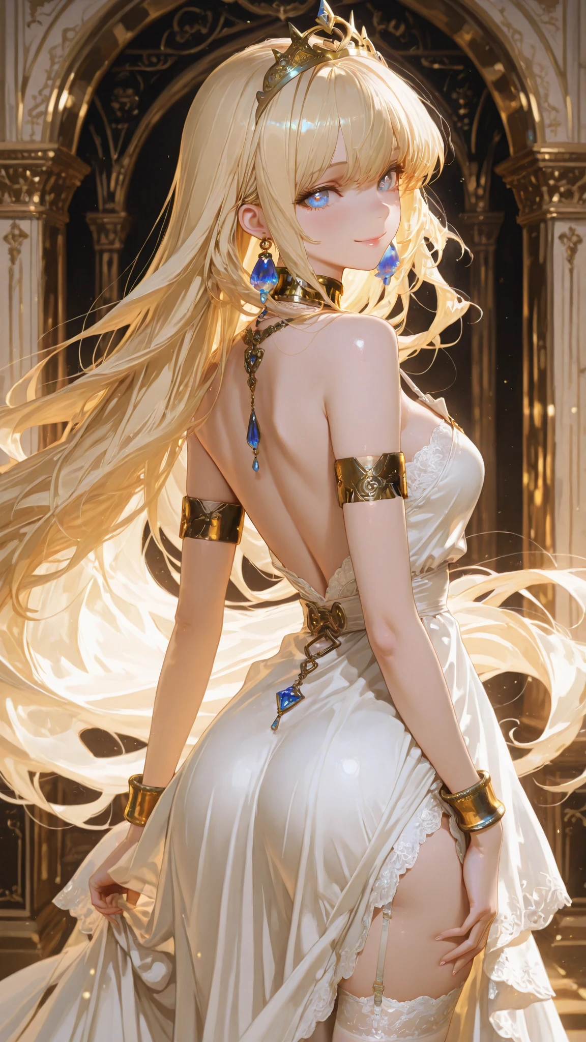 Mature woman,Fantasy World Princess,obsessed,Full Breasts,in love,Sacred,(And the White Princess Dress:1.3),Blonde hair and blue eyes,golden eyes,,Super super details,Ruffles,Lots of Lace,(There are stripes on the clothes:1.2),(Dress nicely:1.1),(Layered Skirt),Sheer and transparent clothing,Beautiful and delicate face,Movie Lighting,night,The only person,Lace,(shine:1.2), (Best quality), (masterpiece:1.2),sparkling gemstones, thick, thick, godess, milf,milf, thick, pawg, big breasts, fully covered, tight clothing, looking back