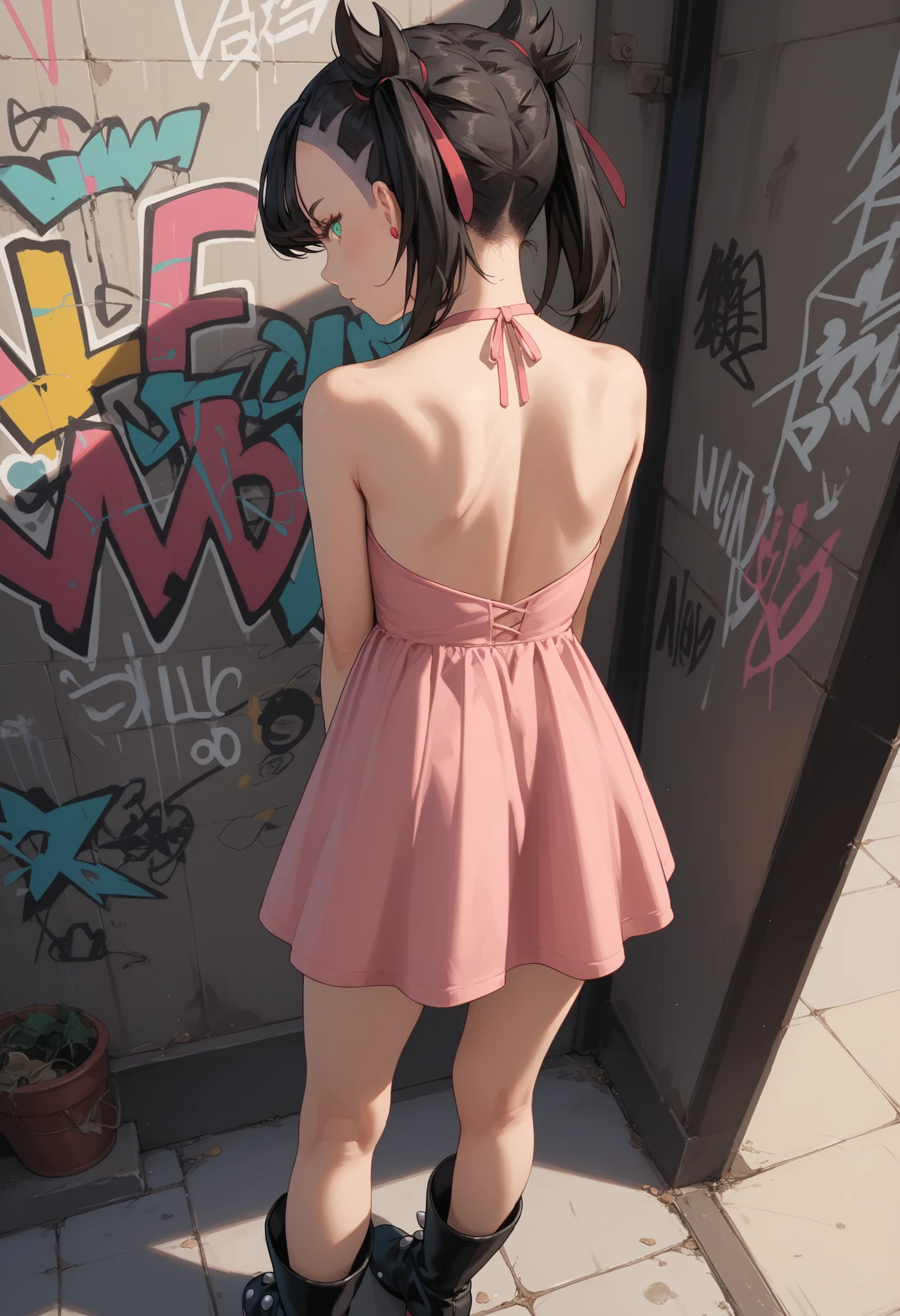 Score_9, score_8_up, score_7_up, score_6_up, source_anime, rating:general, 1girl, Marnie, black hair, twintails, perfect eyes,  aqua eyes, perfect face, pale white skin, flat chest, short pink dress , slender build, slender legs, boots, dirty alleyway, hazy sunshine, graffiti, 8k quality, vivid colours, masterpiece, moody atmosphere, dynamic angle, facing away from viewer, back to viewer, ass, leaning forward slightly, close up angle 