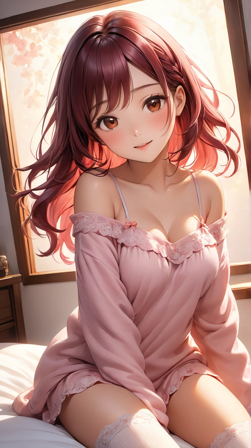 （A Certain Science Railgun、Seo Yeon Joo）、Brown skin、bath robe、（Medium hair in pink color）、Young、Cute、a beautifulchi girl、Perfect style、larjeBoobs、cute pose, Emphasizes cleavage、deadpan、realisic、Realistic、８ｋ、Heavily detailed、最好质量、Top image quality、high-resolution、A masterpice、only girl、（The background is a bed）、