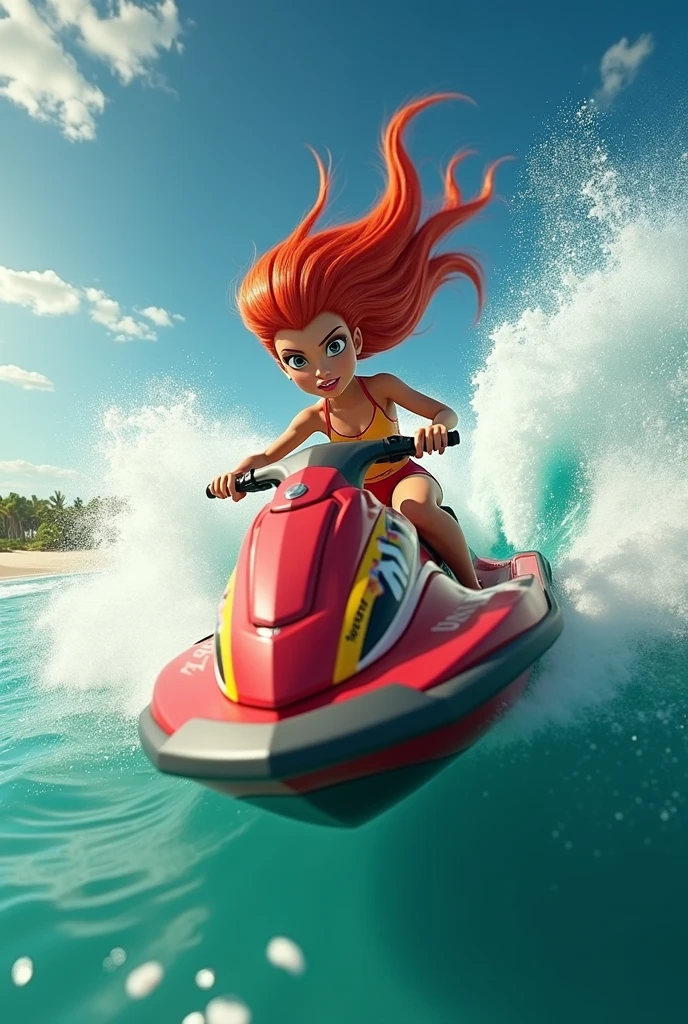 coco, furry, (((Masterpiece))), (amazing background details), (amazing lighting), wet orange fur (whole body), (detailed wet fur), wet blonde hair, wet ponytail, goggles on head, pointy ears, black nose, blue eyes, :<, determined look, looking away, smile (mouth closed), wet white shirt (translucent), medium boobs, pink bikini, pink nails, (looking on laptop:1.2), riding a jet ski, wave riding, outside (ocean, daytime), waves, light rays (raytracing), close-up shot
