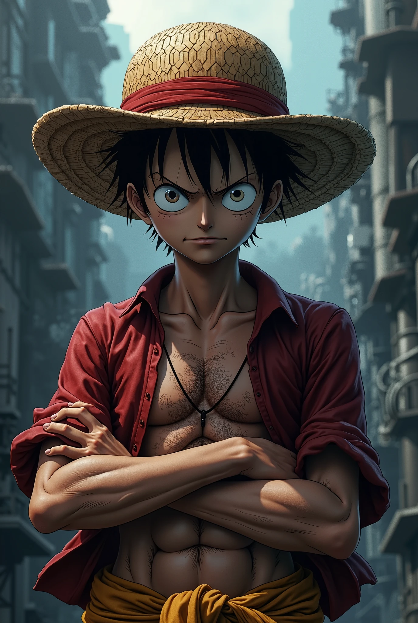 Create dark artwork for characters for an animated web series about one piece main character luffy. Include darker side in the character design.