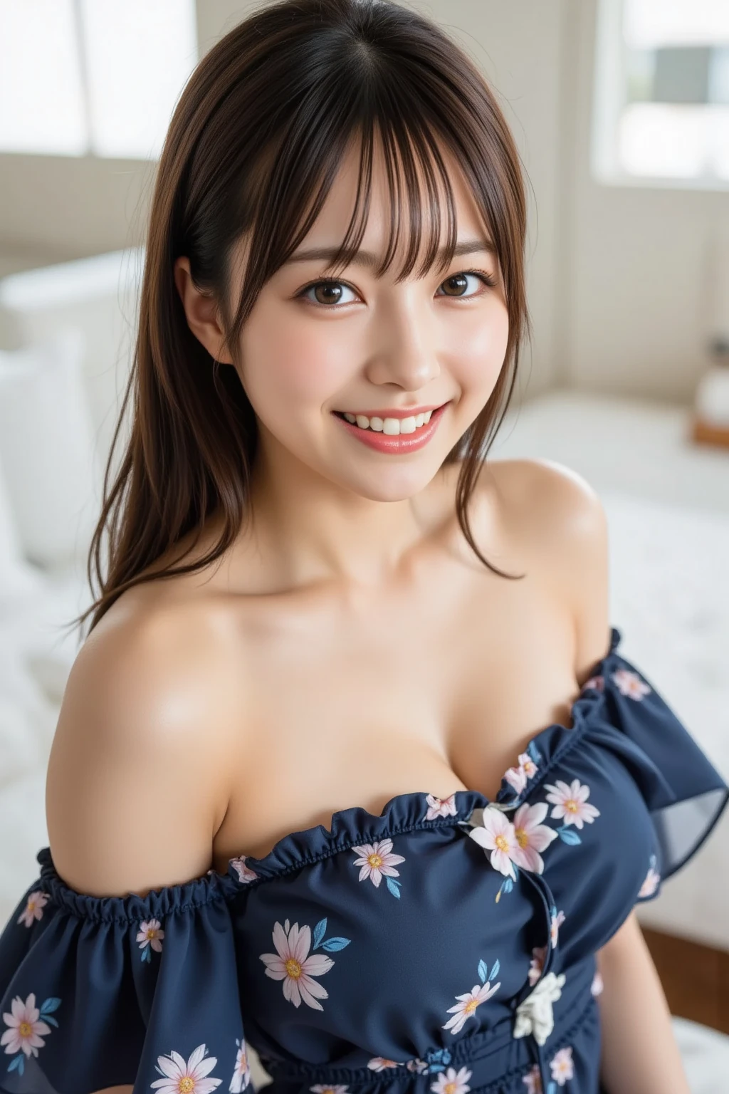 Highest quality, Very detailed, finely, High resolution, 8k wallpaper, Black Hair、Perfect dynamic composition, finelyて美しい目, Updo、Natural Lip, (Big Breasts:1.2), Cleavage, smile、ponytail、((Bend over and peer at me))、((Close your mouth))、Off-the-shoulder light blue dress、Flower Garden