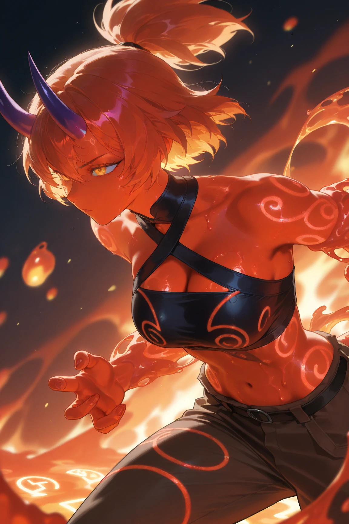 score_9, score_8_up, ((adult))
(dragon:1.2), mature, (female), lagre_breasts, (glowing tattoos, red hair, horns, skale skin, black scales), cute face, shy face, delicate face, Naughty face expression, solo, fassion model, funny pose, (focus), beautiful,