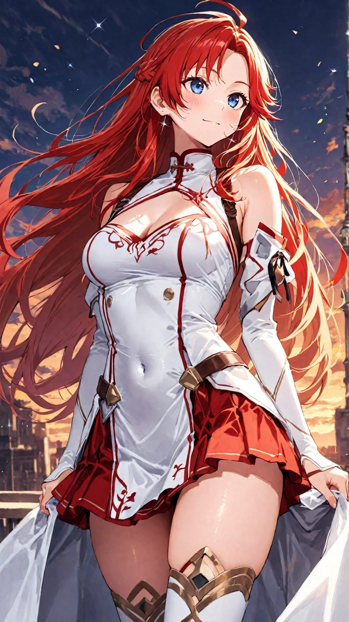 Rias Gremory, smile, red hair, blue eyes, full body, mountain, flowers
