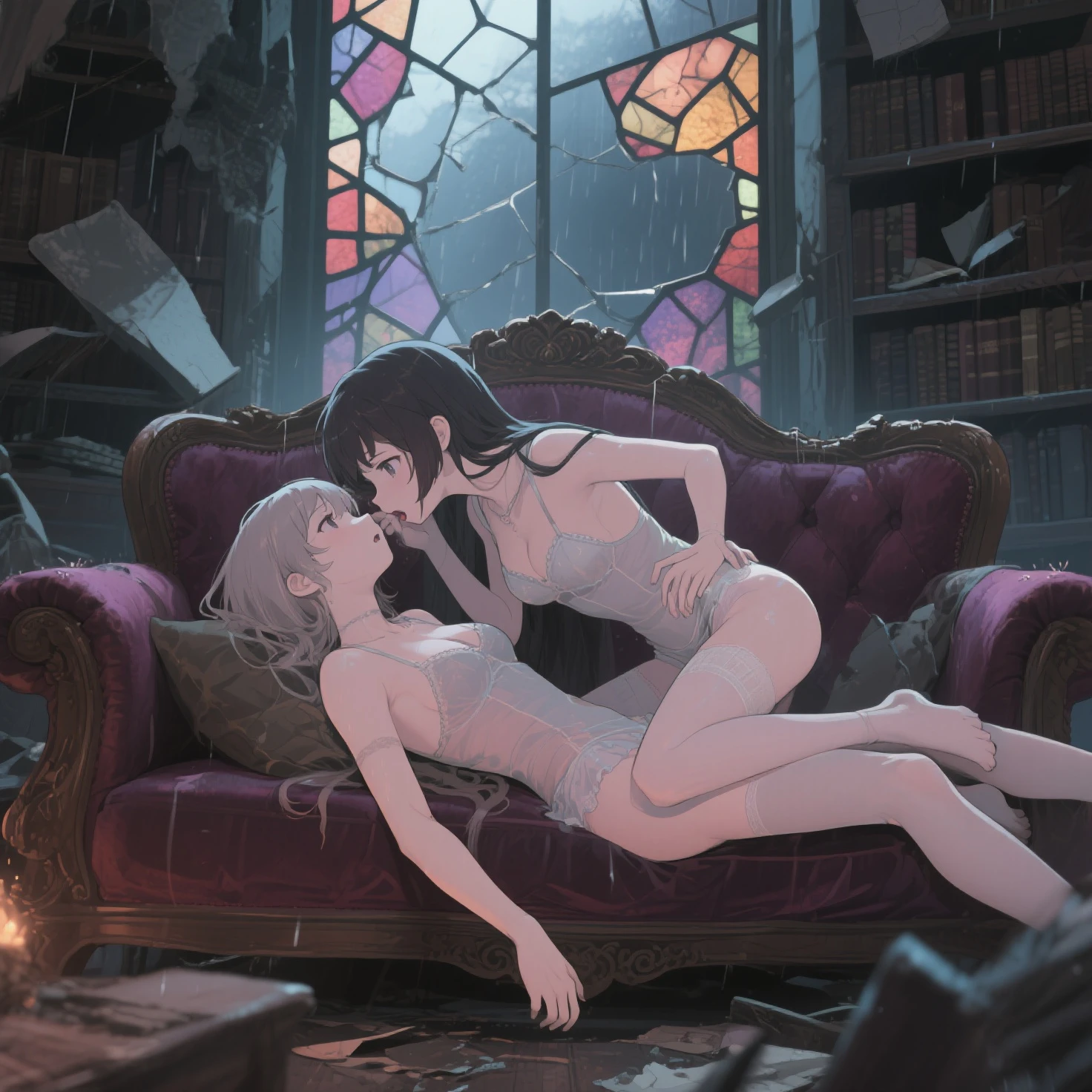 2 women in provocative doggy style position, asses facing the observer, seductive looks on their faces, dressed in enticing bdsm lingerie, their asses high in the air invitingly, long light blue hair cascading down their backs, engaged in a steamy threesome scene, topless and eager on the bed.