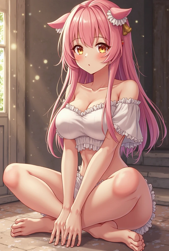 Delicate CG, 8K, Sunlight, Full body shot, Pink clothes, underwear, Angle from below, Mini skirt, Highly detailed CG, Very delicate and beautiful, realistic shadows, Water droplets, Detailed skin, Detailed face, Super detailed, One leg raised, Squatting on the floor, Loose top, Thighs, Whiplash, Thigh opening