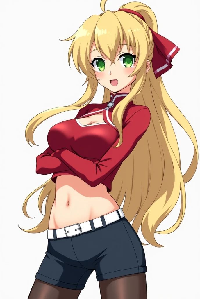 (masterpiece, best quality:1.2), makijam, grin, looking at viewer, arms behind head, antenna hair, hair beads, headphones, white vest, red necktie, detached sleeves, skirt, single thighhigh, red thighhighs, bare shoulders, cleavage <lora:voiceroid_tsurumaki-10:1>