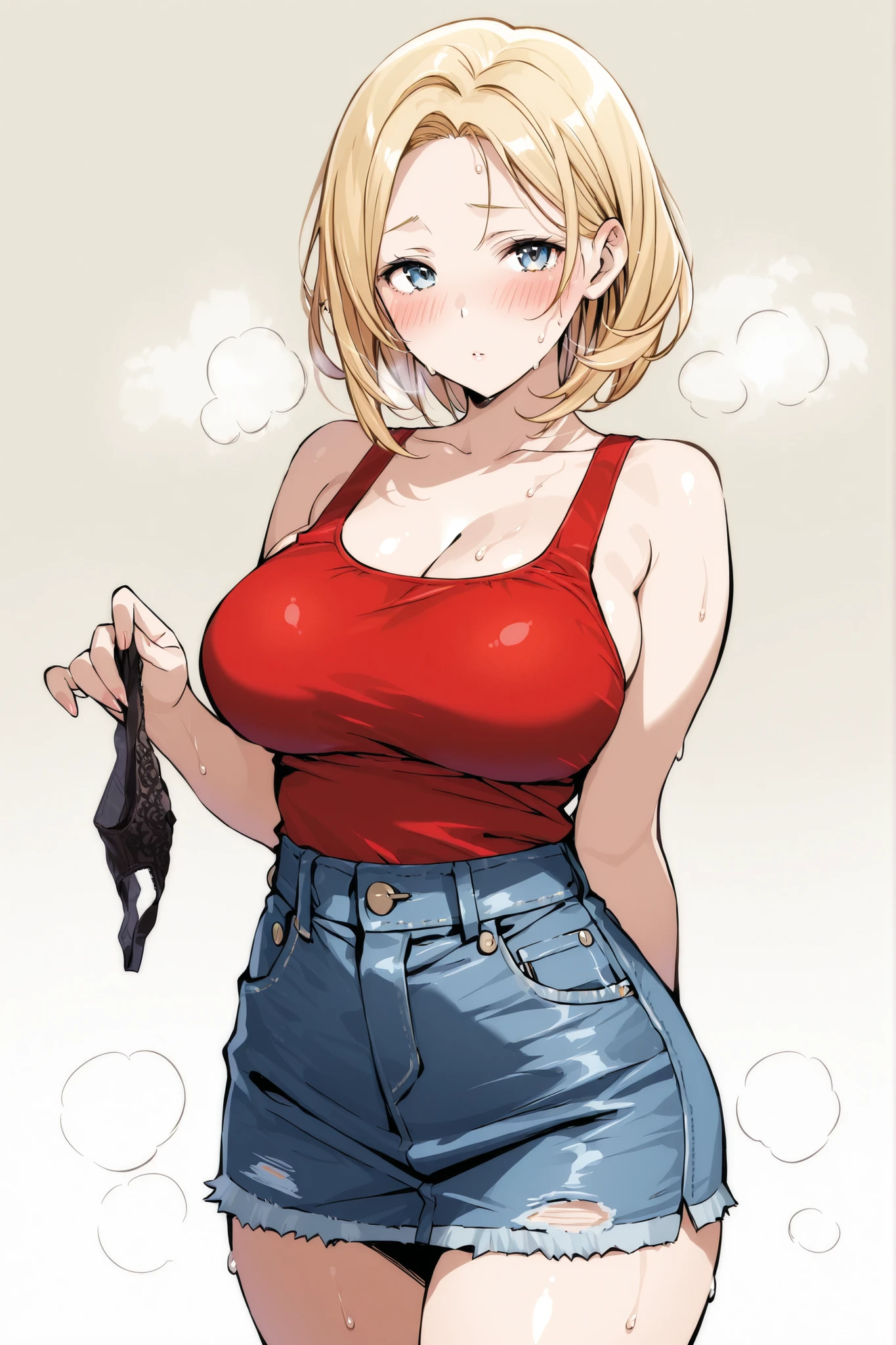 Gold hair、bob hair、tank top、denim skirt、masterpiece、newest、lively、is very aesthetic、high contrast、((higheSt quality, maSterpiece))、Mature Woman、cute、clotheS for 40'S、holding pantieS、blush、sweat、shame、smell、Road Ground、sense of repulsion、