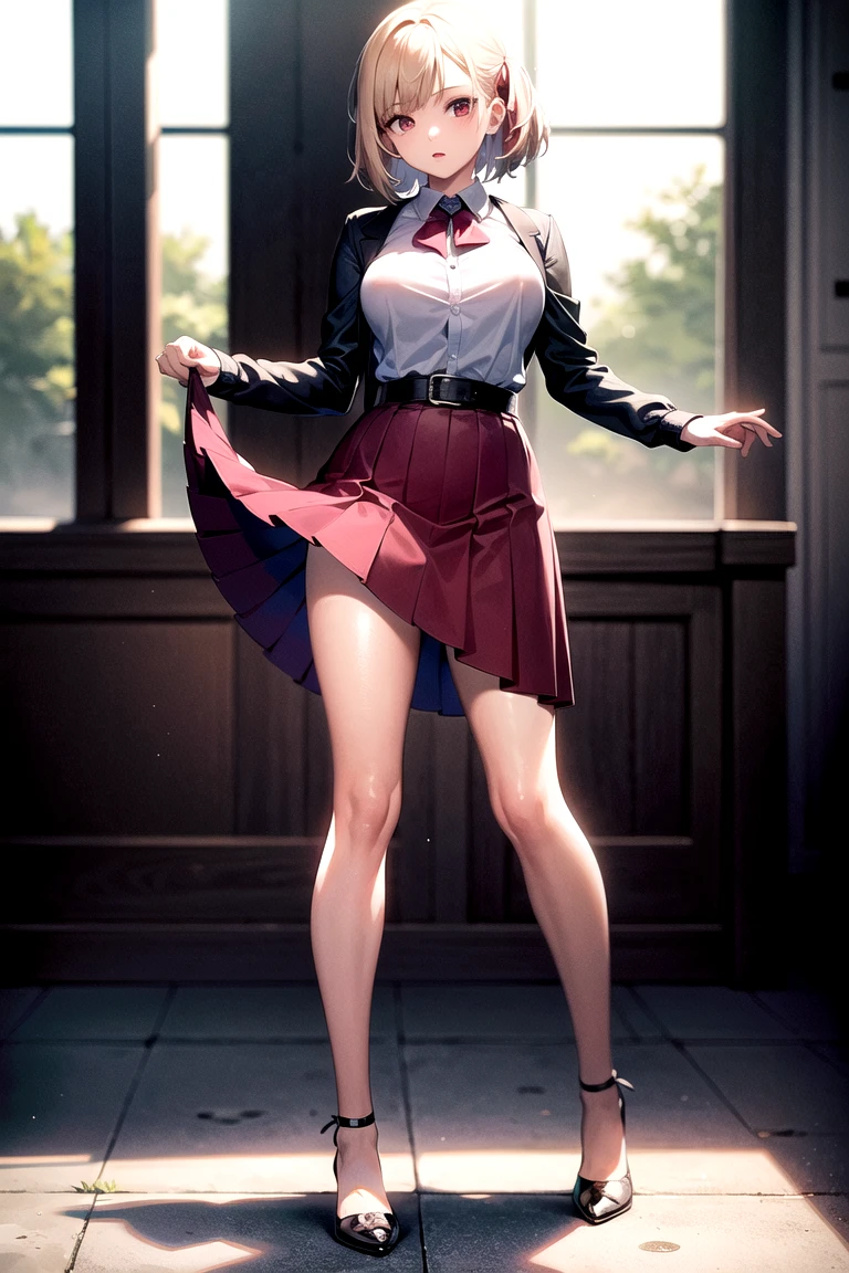 a masterpiece, best quality, highres, absurdres, 1girl, crowd, skirt, wind blowing skirt up, laced underwear, pink hair, gasai yuno, from below, revealing clothes, skindentation, outdoors, sunlight, street, looking at viewer, blush, detailed face, beautiful detailed eyes, beautiful detailed lips, extremely detailed face, long eyelashes, cinematic lighting, depth of field, volumetric lighting, photorealistic, digital painting, concept art, vibrant colors, dynamic pose