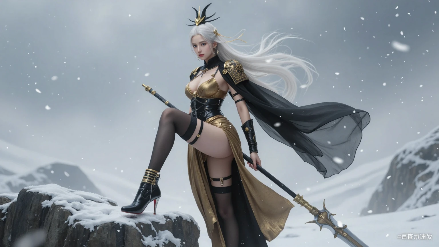 (Numerous award-winning masterpieces, with incredible details), (hd masterpiece, 8k, best quality), ((Extremely beautifull face)), (extremely detailed realistic face features), (beutiful green grey eyes), ((finely detailed true circle Symmetrical green grey eyes)), (She has a meloncholic face), (A majestic sight), long white hair, (big breasts: 1.8), anatomic, small wraist with big hips, silver hair, long hair, snow white fair skin, pale skin, female archer, perfect five fingers