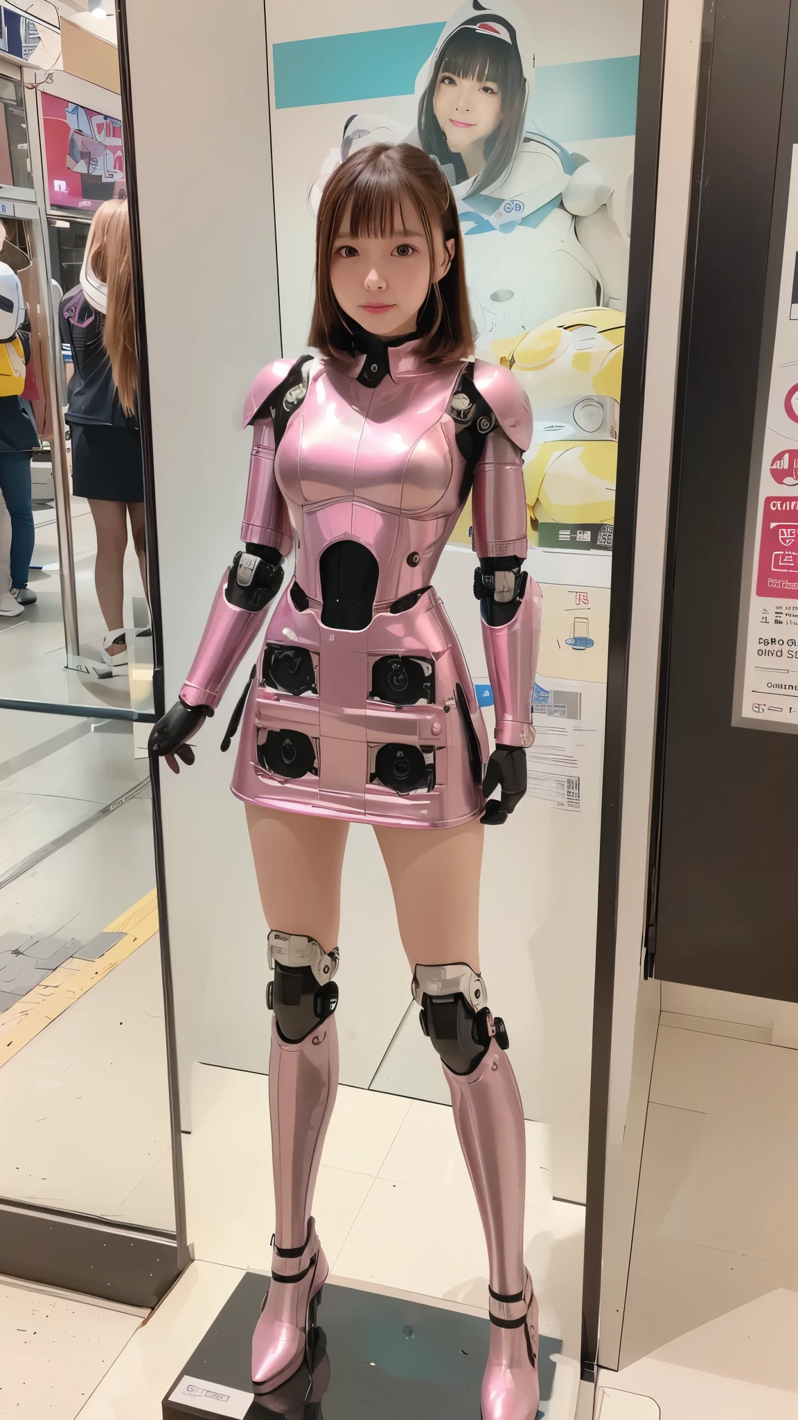 (Photorealsitic:1.4)、Onegirl、(top-quality)、(hyperdetailed face)、(Super well-formed face)、((Robot Parts))、(Cyborg girl)、(Silver)、(metalic)、(fullllbody)、(sexy  pose)、(Slender body)、(Model body type)、(mecha exposure)、(akihabara)、(is looking at the camera)、(A dark-haired)、(１０Head and body)、(a small face)、(Idol)、(front facing)、(Standing with legs open)、(Hands on hips)、(Photo session)、(Looks sad)、(Cyborg girl in pale pink satin dress)、(Golden button)、(sleeve less)、(a miniskirt)、(a belt)