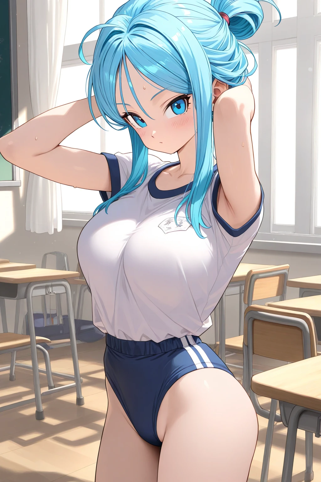 Score_9_up, score_8_up, score_7_up, 1girl, faired skin,(black ponytails with bangs), standing, arms behind head, embarassed face, clench teeths,  looking angry,  big breast,  tall body,  big ass, big hips, aquamarine bra, aquamarine panties,  inside classroom, pee
