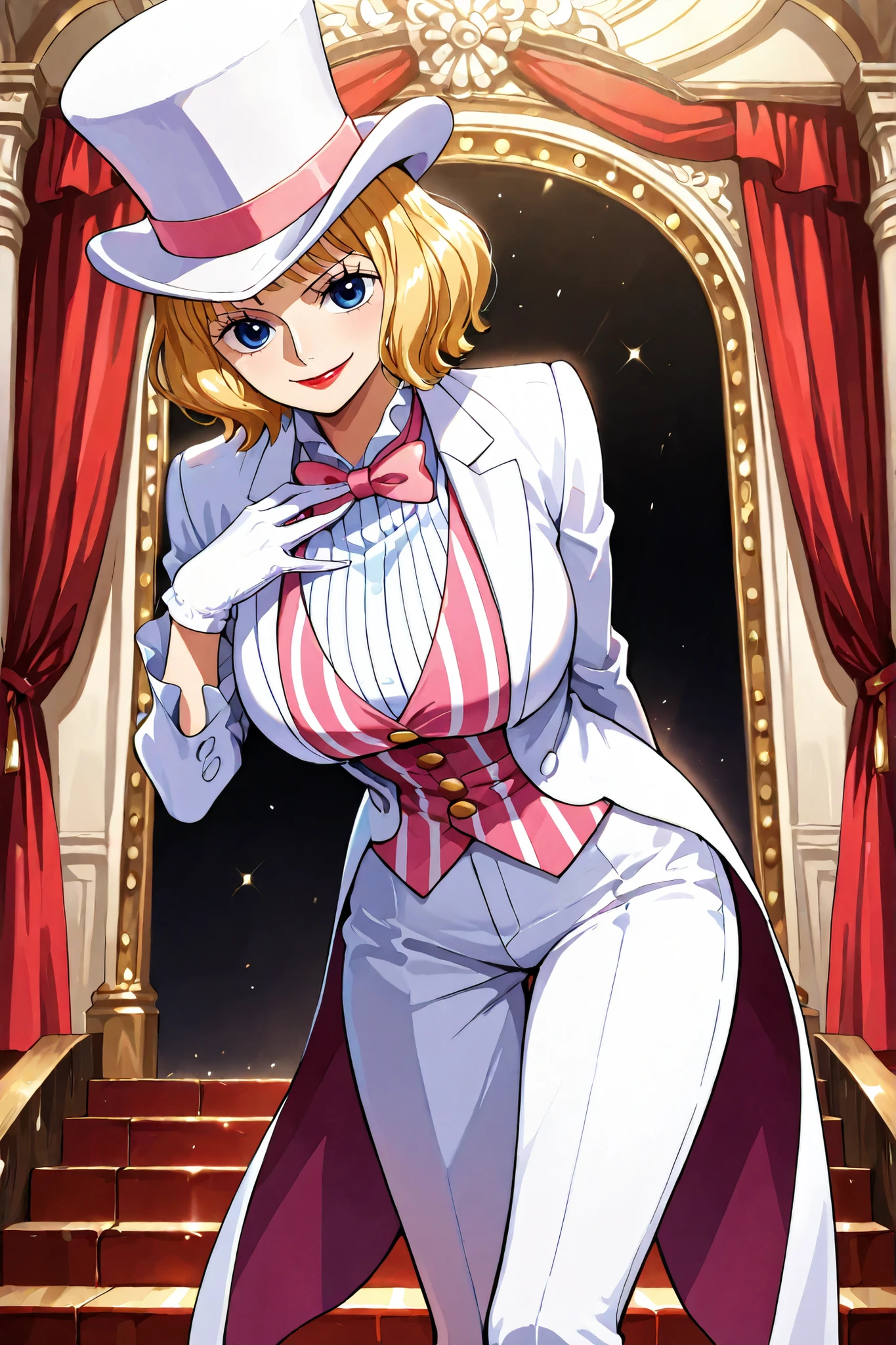 (masterpiece, vibrant colors), solo, 1girl, stussy, one piece, short hair, blonde hair, red lipstick, blue eyes, sleek legs, large breasts, (white silk top hat, pink band, snug fit), white tailcoat, pink pinstripe vest under tailcoat, pink bowtie, white dress pants, ((white gloves)), (smiling, graceful, serene, ladylike), (dapper, magician), posing on an ornate wooden stage, red curtains behind subject, bowing, one hand behind back, offering one hand to the viewer, (prim and proper pose, elegant pose), razzle dazzle vibes, close up shot,, facing the viewer