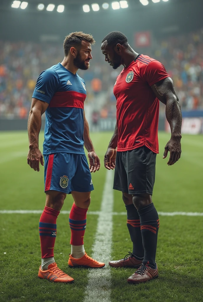 A strong hairy Iranian football player with very hairy chest hair bearded, wearing no shirt, black shorts and red socks and black boots, next to a handsome and muscular Brazilian player, wearing no shirt, White shorts, white stockings, white boots, giving an interview to a TV reporter on the lawn of the large football stadium full of people.
