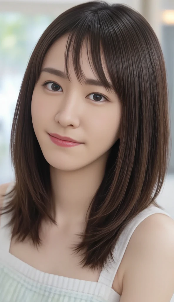 (Raw photo), (Photorealistic), (masterpiece), (Highest quality), High resolution, 8K resolution, (Intricate details), (Volumetric Light), Portrait, woman, 20 years, Mid-length hair, Straight Hair, Layered Hair, Brown haired, Highly detailed eyes, Source Order, Very fine eyebrows, Highly detailed skin, Highly detailed mouth, Highly detailed nose, Cute like an idol, Smile, ((Thick lips)), ((Look at the viewers)), (Elegant blouse).Large Breasts、I can see her cleavage、(ブラジャーが見える:1.5)