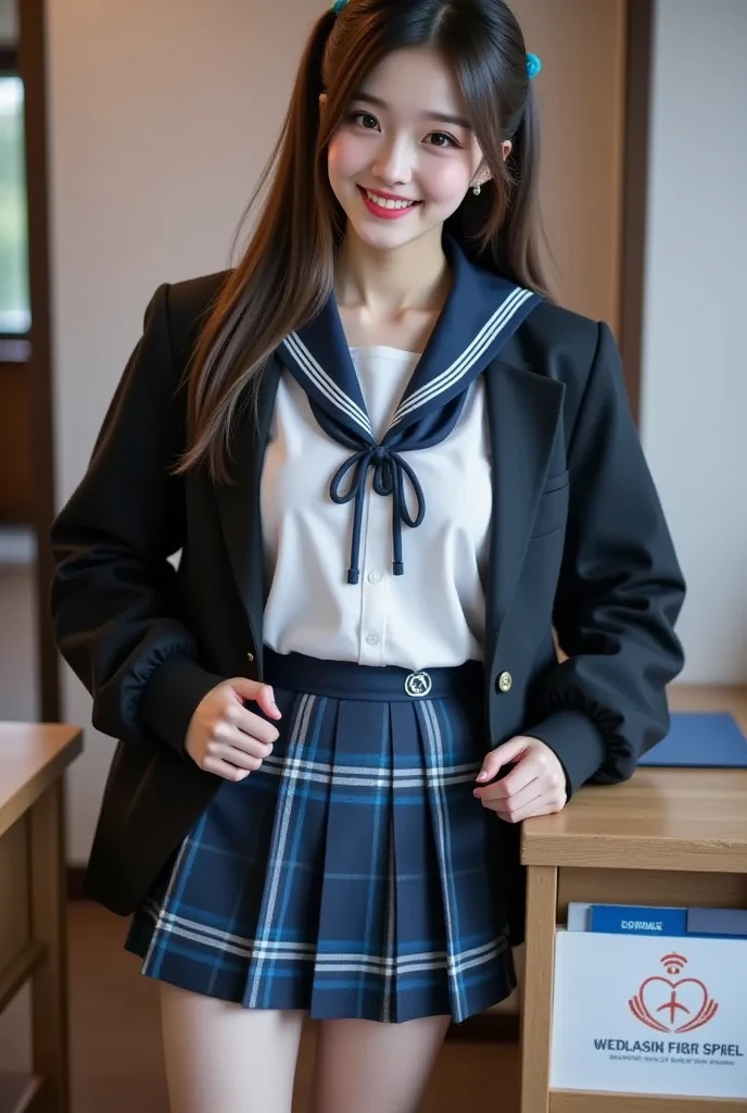 ((highest quality、8k、masterpiece:1.3)),((((cowboy shot)))),Ultra-high resolution,big eyes,Japanese,bangs,(a girl),(1 girl),((20 years old)),((facing at viewer)),(long hair),(((black sailor uniform))),grin,((sitting on chair)),(pleated mini skirt),(((pussy))),((pubic hair)),((skirt lift)),((short crew socks))