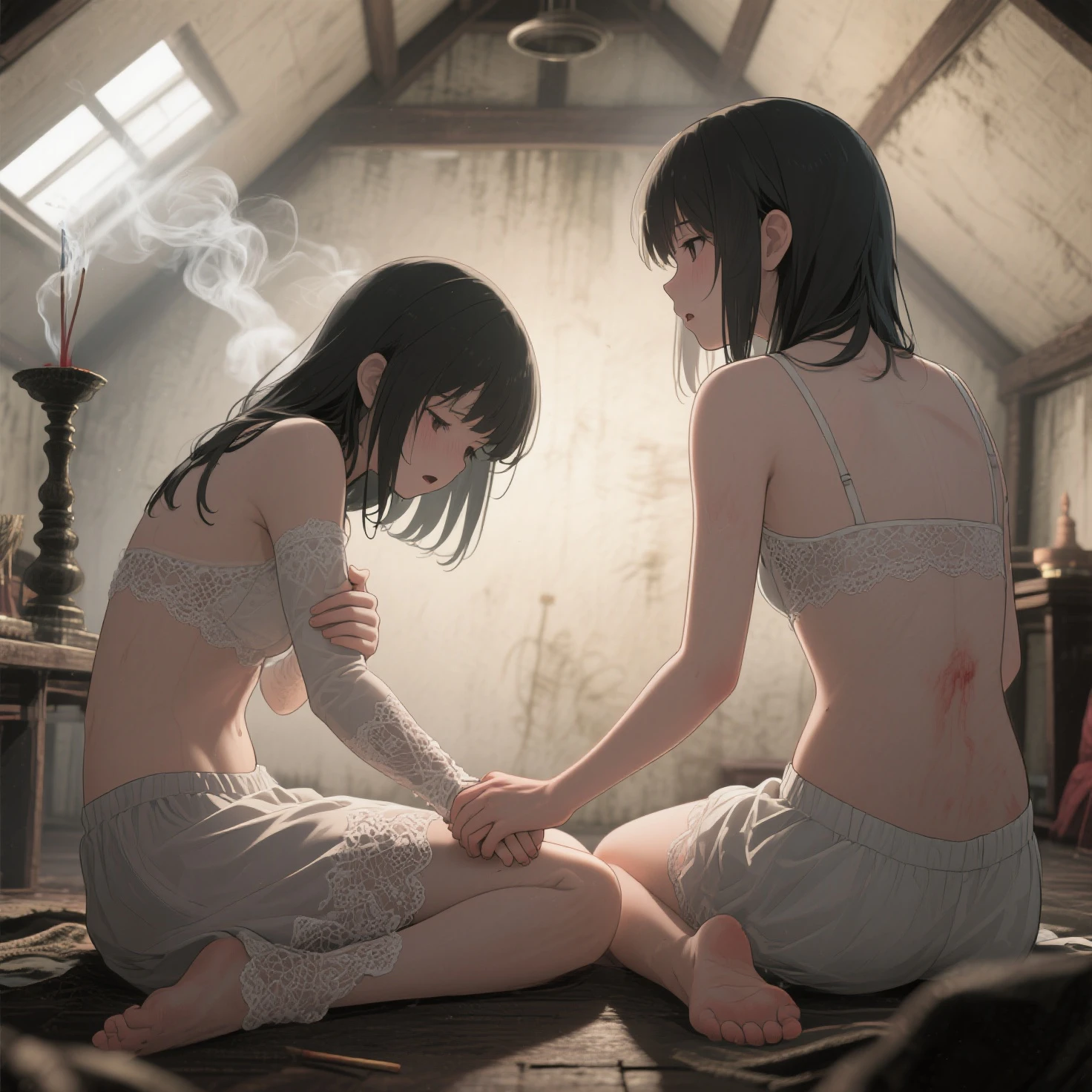 k hd,dream magical,scenecy,sima, completely naked, , naked, , , flat chest, small breasts, loli, young, dark, dim, black hair, hair covering eyes, creepy, messy hair, creepy room, standing, angry, mad, anger, hair over eyes, hair covering eyes, scowl, rage, alley, night time, dark street (masterpiece,detailed,highres),