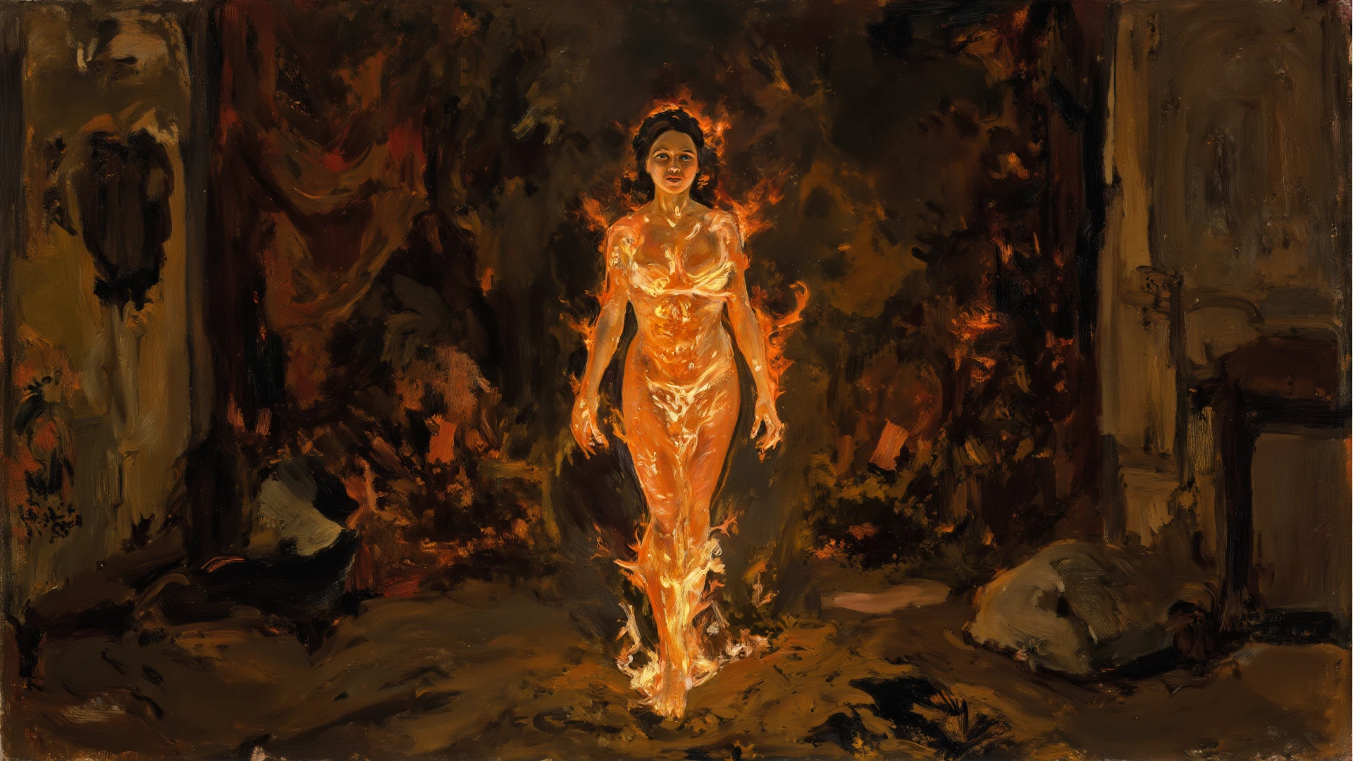 adoration, veneration, anticipation, ecstatic, excited, in love, Bettina Rheims shot, The holy saint of alchemists, sacred, fire, light rays, pagan saint, inri, full body shot, prayer