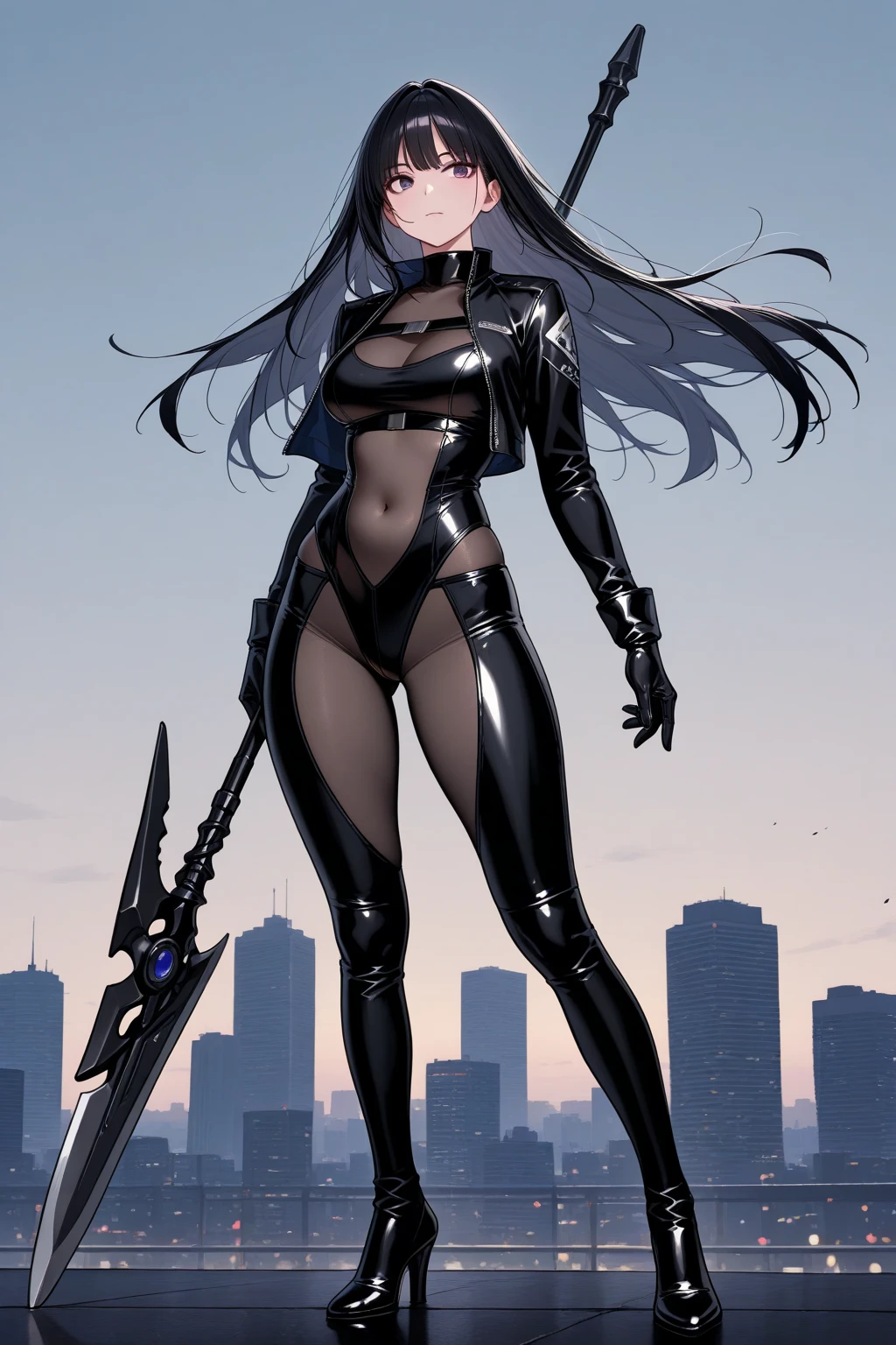 ((adorable, cute, kawaii)), Masterpiece, 1woman, long blue hair, parted bangs, red eyes, perfect face, stern look, perfect body, perfect , black armored leotard, medium cape, ((shoulder pads)), full black gloves, black armored gauntlet, armored boots, futuristic city, sci-fi, road, day, standing, full body, Honkai Impact art style