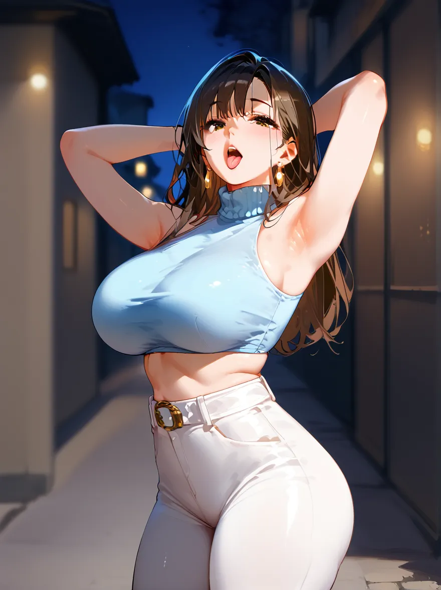 (best quality:1.5, highres, UHD, 4K, detailed lighting, shaders), brown ponytail, breasts, white t-shirt, belly, necklace, earrings, cleavage, jean shorts, thighs, sexy, erotic, lewd, (pov, close shot), street background, smiling