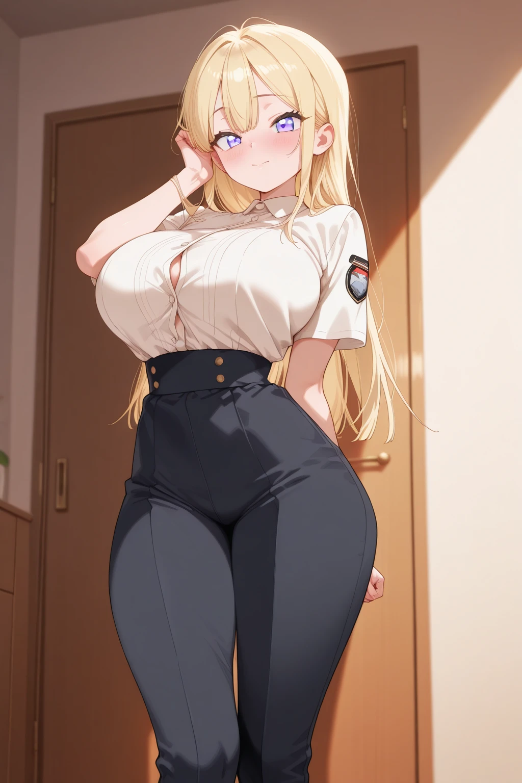 (High quality, High resolution, Fine details, Realistic), Locker room, Women police officers' clothing, long pants, solo, Curvy women, Blonde hair, sparkling eyes, (Detailed eyes), smile, blush, Large breasts, Sweat, Oily skin, Shallow depth of field
