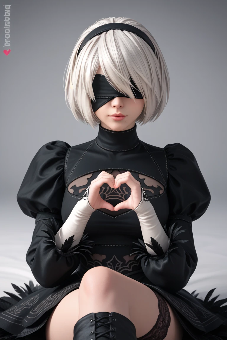 Yorha No. 2B, from Nier: Automata, is depicted as a young woman with a pale complexion, short silvery white hair, blindfold; she wears a distinctive black, high-slit dress with a high collar, featuring intricate lace detailing that resembles the YoRHa logo, puffed sleeves with design, and is often paired with thigh-high black boots and sheer stockings, creating a striking mix of gothic and futuristic aesthetics, waifu pose,on stomach, crossed legged, heart hands,goth girl, goth girl 1girl,Detailed, Ai-skin detail, Painstaking Attention To Details, realistic, anime stile, perfect beauty, pretty face, pretty eyes, ((4k, 8k, Ultra HD)), ((Masterpiece :1.2)), ((Best quality :1.2)), ((Detailed :1.5)), ((Detailed background