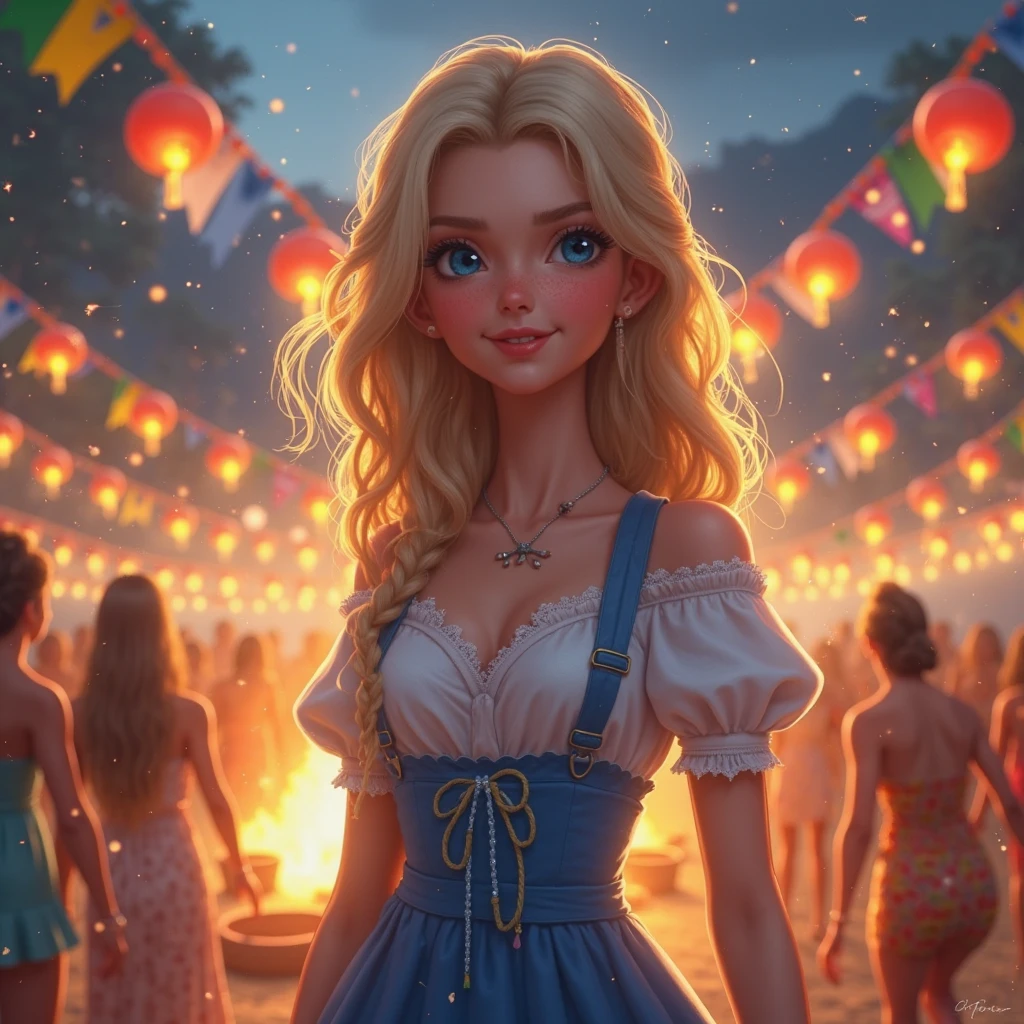 24 year old Caucasian female、Blue delicate eyes,Sexy proportions、Provocative facial expression、Cleavage Emphasis、Disney、Cinderella 1 person、cinderella castle background、Fireworks are going up